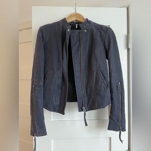 Free People vegan leather cropped moto jacket, navy